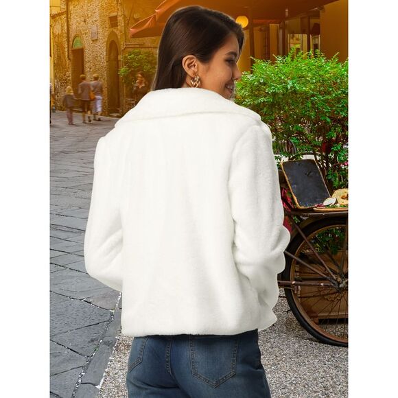 Winter Cropped Notch Lapel Long Sleeve Faux Fur Fluffy Coat White - Picture 5 of 6